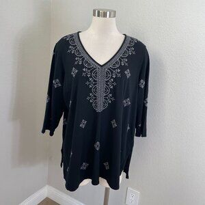 J Jill Womens XL Petite Black V Neck Embroidered Tunic Top 3/4 Sleeve Shirt